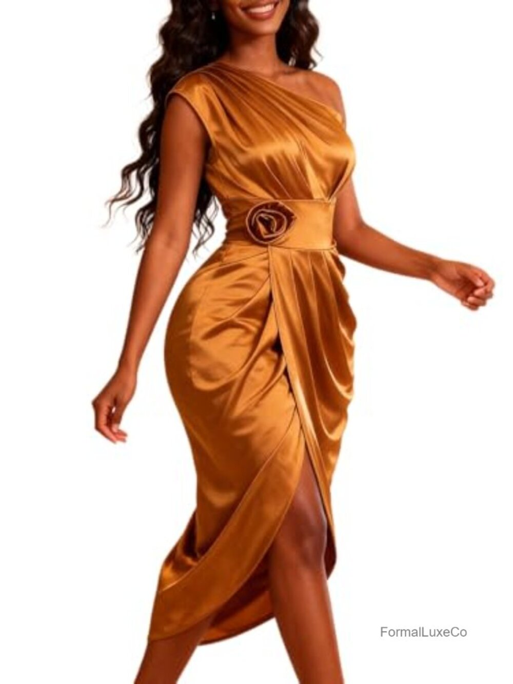AOMEI Satin One Shoulder Midi Dress Pleated Draped Flower Evening Party